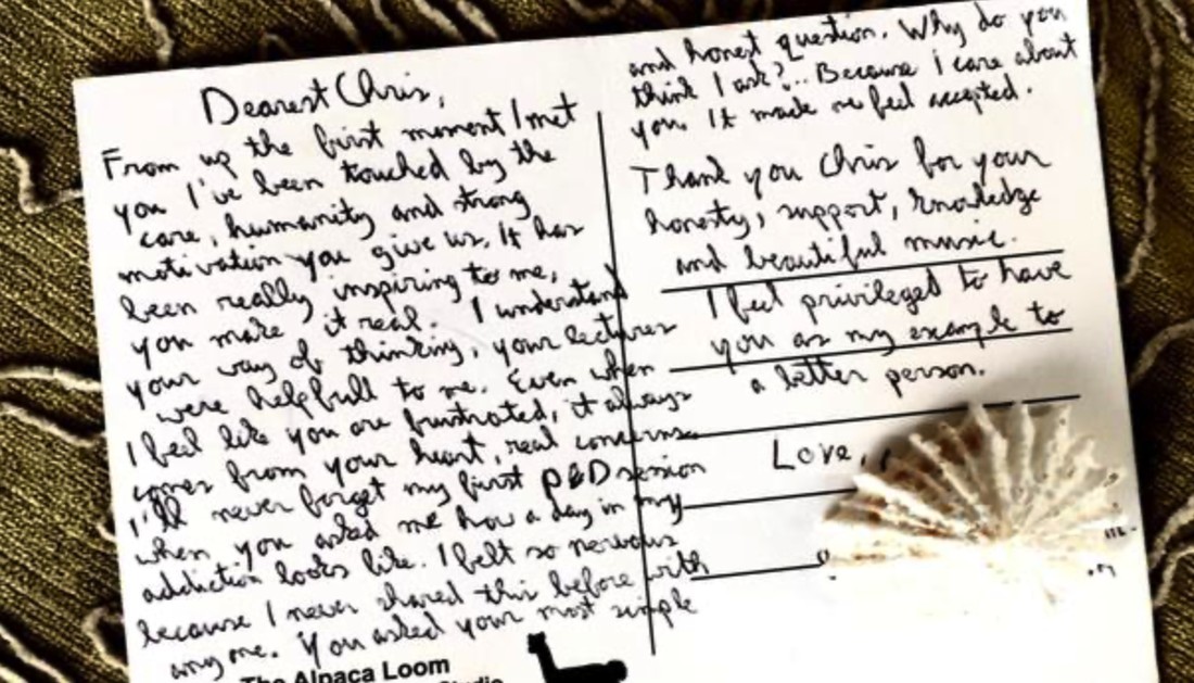 A handwritten thank-you postcard from a client