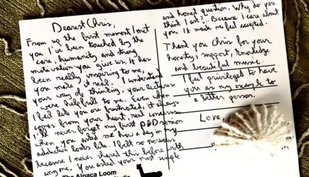 A handwritten thank-you postcard from a client